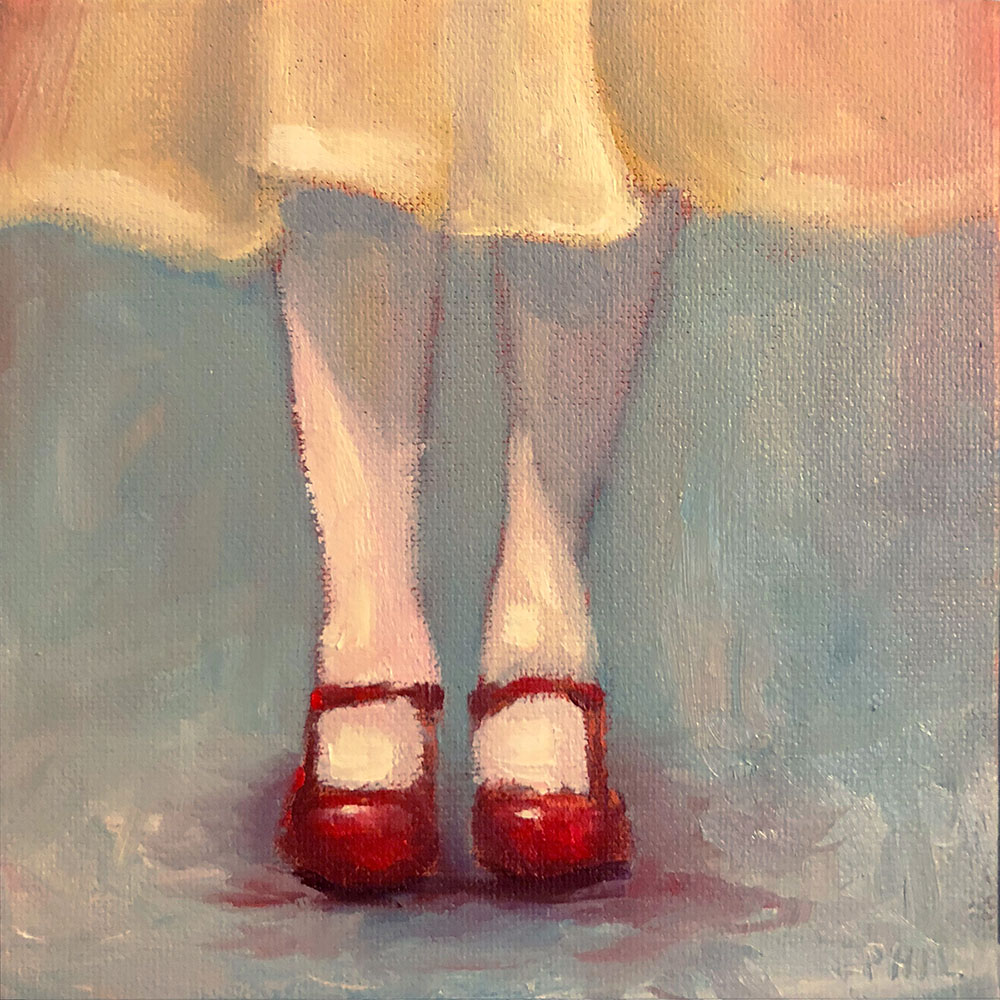 quilt square, girl, yellow dress, red shoes